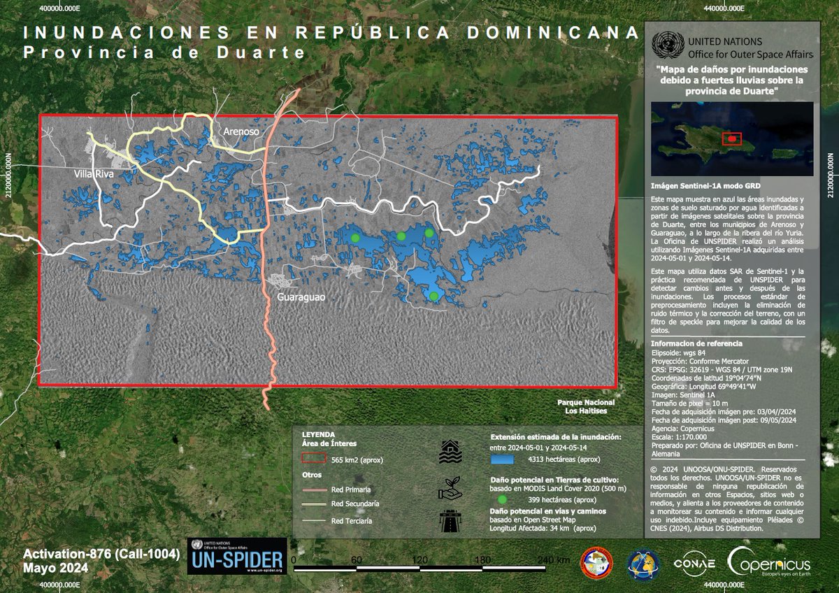 This map uses #Sentinel1 data from 1 and 14 May to estimate the impact of flooding in Duarte Province, Dominican Republic: bit.ly/4dE4I0w