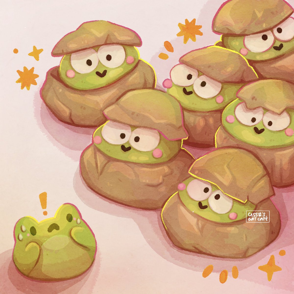 Oh no, are they gonna turn me into a cream puff too?! 🐸🌱✨️