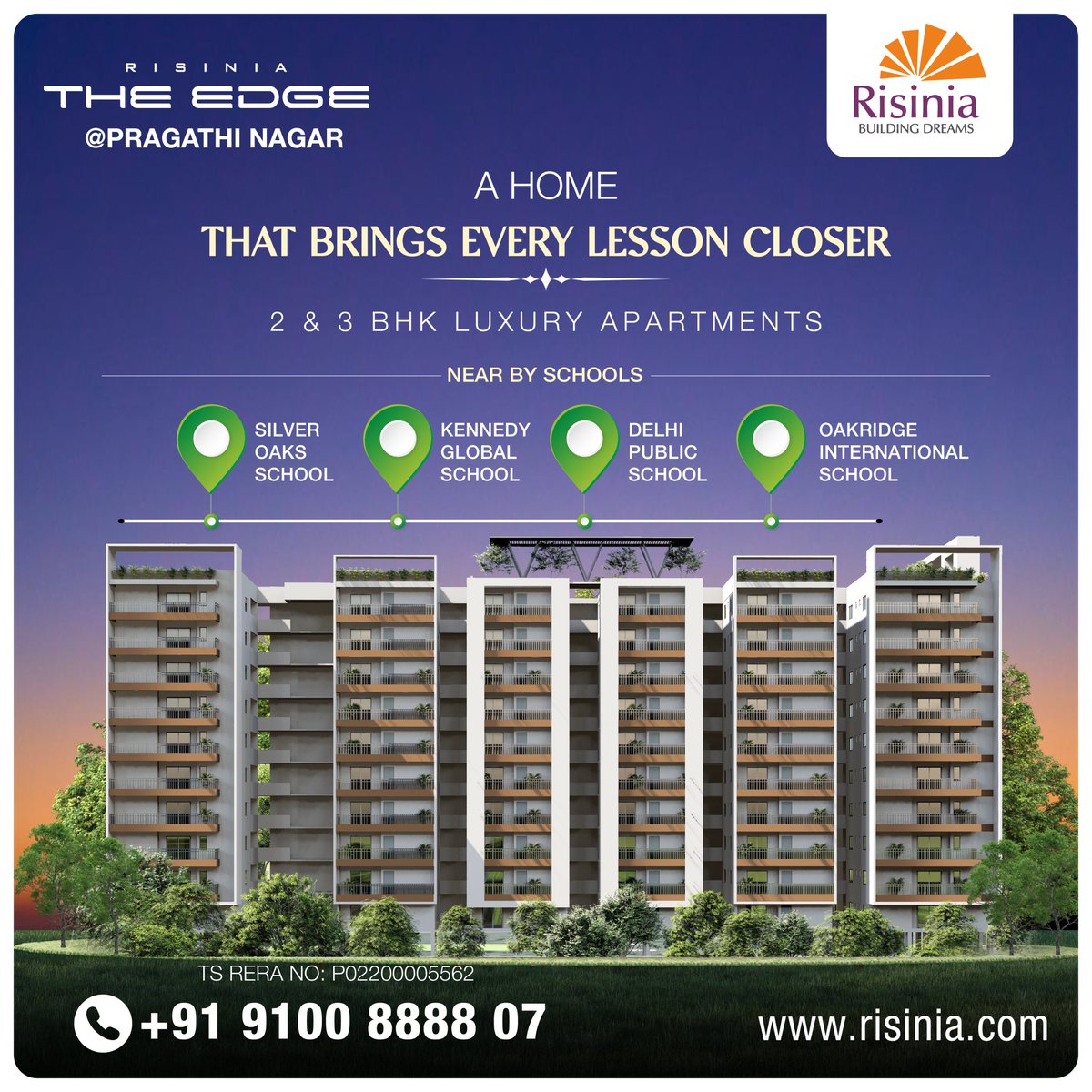 With reputed educational institutions surrounding your home, the doors to infinite educational opportunities open, fulfilling your dreams.

#risiniabuilders #risiniatheedge #pragathinagar #2bhkflatsforsaleinpragathinagar #3bhkflatsforsaleinpragathinagar #apartmentsinhyderabad
