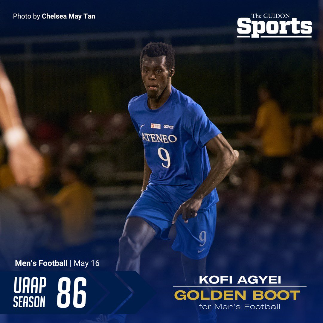 TheGUIDONSports's tweet image. KING KOFI 🏆
Tied for the season lead in goals throughout the preliminaries, Ateneo striker Kofi Agyei bags the co-Golden Boot award for UAAP Season 86 with UP’s Ramil Bation III.
#AteneoFootball
#OneBigFight
#UAAPSeason86