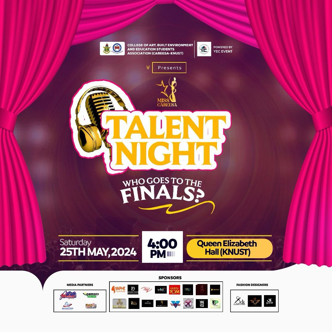 𝐌𝐈𝐒𝐒 𝐂𝐀𝐁𝐄𝐄𝐒𝐀 𝟐𝟎𝟐𝟒💃🤩➖➖➖➖➖➖➖➖ Get ready to witness the ultimate showdown of elegance and talent, right on the basketball court at Queen Elizabeth Hall (KNUST) Join us live on May 25th, 2024, 4:00pm Sharp! ©️𝐂𝐀𝐁𝐄𝐄𝐒𝐀 𝐊𝐍𝐔𝐒𝐓 𝟐𝟎𝟐𝟒