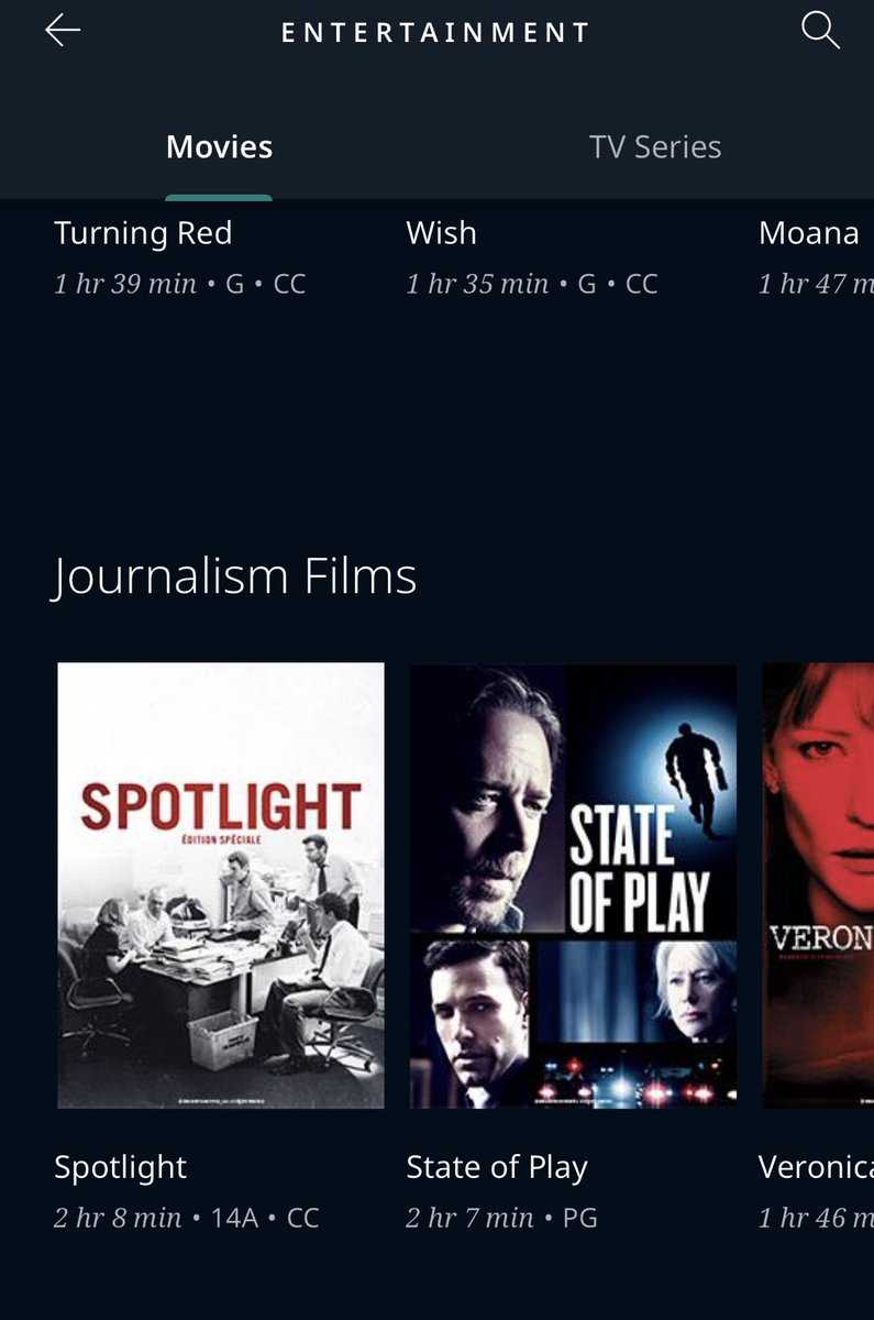 Very happy to see WestJet inflight has a “Journalism Films” section. How is this the first streaming app to, I presume, actually leverage my private data for my own tastes?