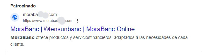 ⚠️ALERTA⚠️ Web falsa de MoraBanc que apareix com a “Patrocinado” als buscadors. Si hi heu accedit, i donat les vostres dades, contacteu amb MoraBanc al 884 884 Si heu d’entrar a la banca online feu-ho via morabanc.ad