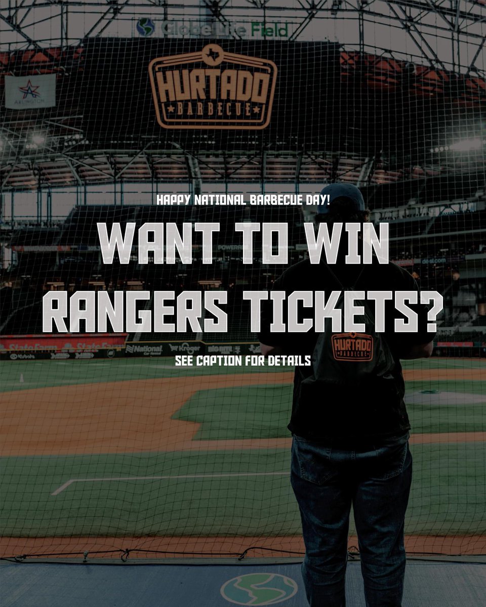 In honor of National Barbecue Day, we're giving away 4 tickets to watch the World Series Champion @Rangers at Globe Life Field, PLUS a $100 gift card to Hurtado Barbecue! ⚾🔥
 
To enter:
1️⃣ Like this post
2️⃣ Tag who you’d take with you
3️⃣ Follow @HurtadoBBQ 

Winner will be