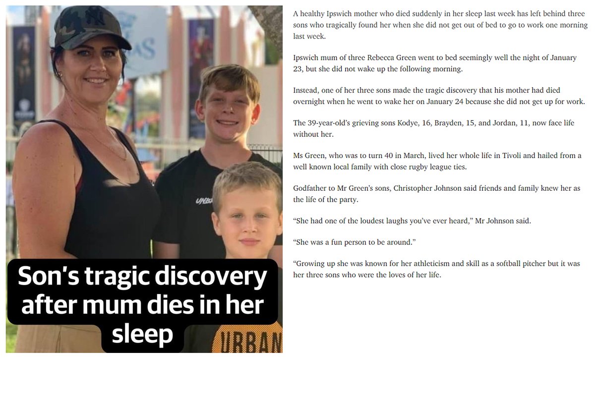 Ipswich, UK - 39 year old Rebecca Green went to bed seemingly well, but didn't wake up the following morning on Jan.24, 2024.

One of her sons discovered her dead in her bed, she had died in her sleep

COVID-19 mRNA Vaccine Sudden Deaths are at an all time high

#DiedSuddenly