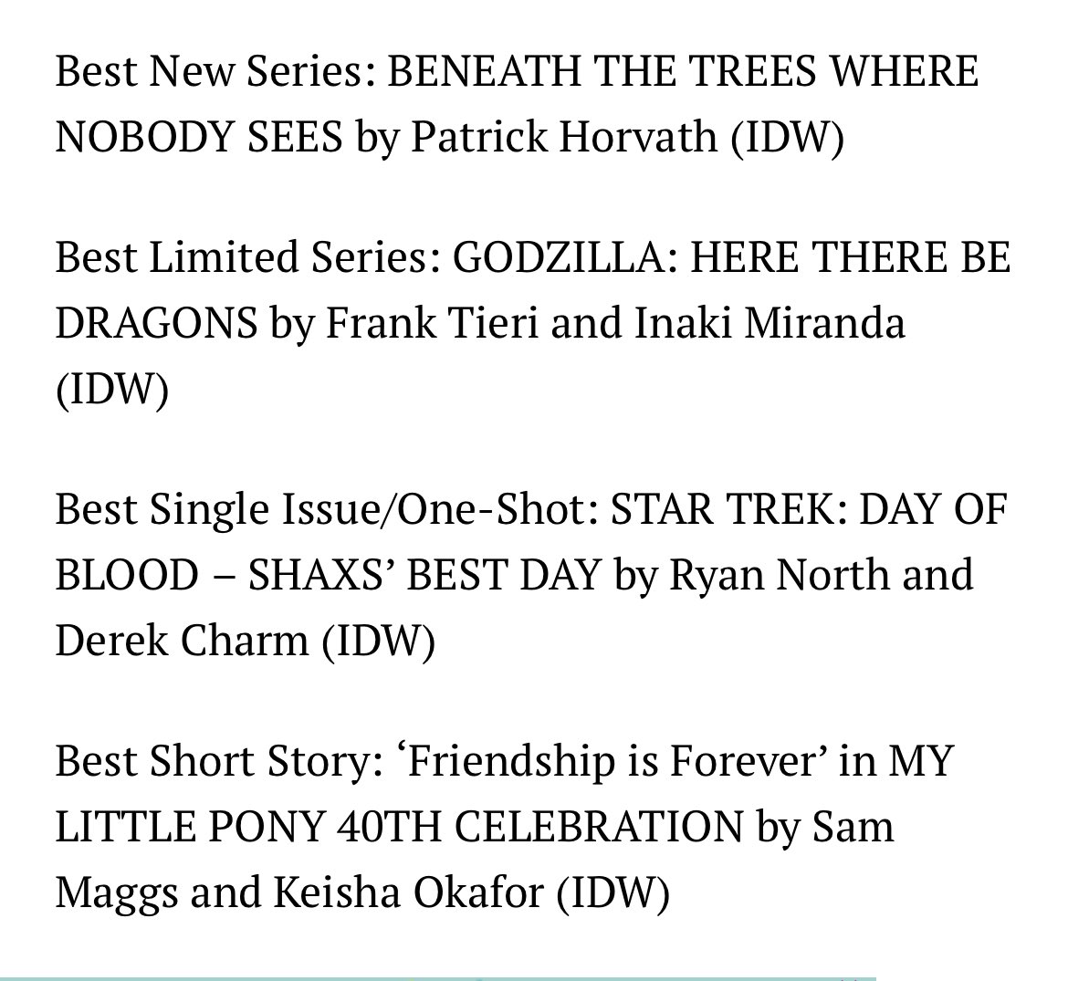 I’M NOMINATED FOR AN EISNER AWARD!!!!!!!!!!! Our My Little Pony 40th Anniversary Special FRIENDSHIP IS FOREVER from @IDWPublishing is nominated in the Best Short Story category!!!!!!!!!!!!!