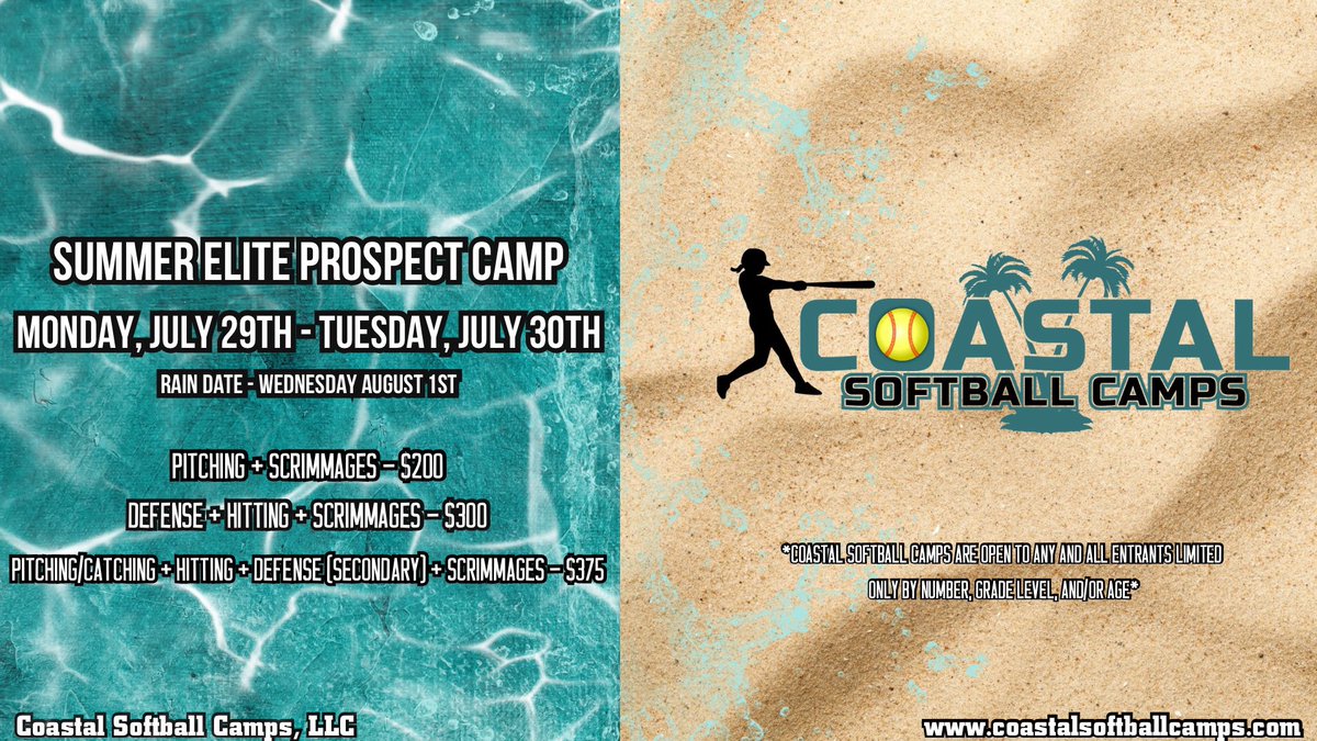 Our Summer 2024 Elite Prospect Camp is OPEN FOR REGISTRATION! 🌴☀️🌊🥎 Sign up today before spots fill up! You can sign up at coastalsoftballcamps.com