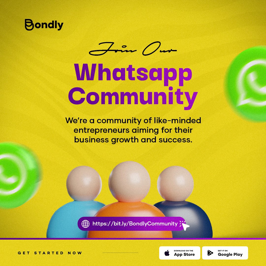Bondlyhq's tweet image. We've built a community for you to connect with like-minded individuals and fellow business owners.

 Ready to grow your network and share ideas?

 Click the link below to join!

bit.ly/BondlyCommunity

 #Bondly #SafeTransaction #SecuredTransaction #JoinOurWhatsapp