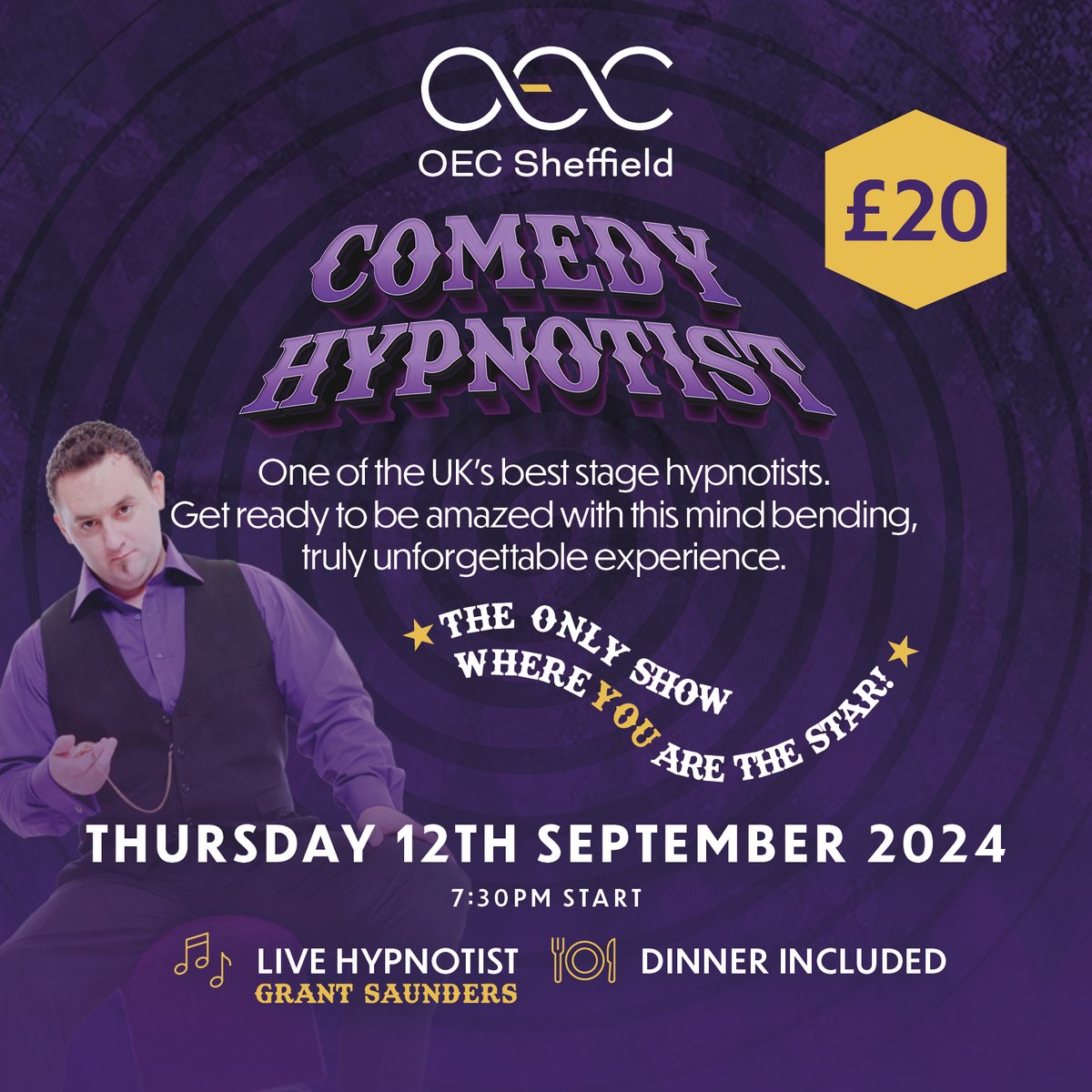 Join us for a night of side-splitting laughter with #comedy hypnotist Grant Saunders! 🎭 Don’t miss out on this one-of-a-kind event – grab your tickets now! 🎟️ tinyurl.com/54xxfsjz #sheffield #sheffieldevents #comedyhypnotist