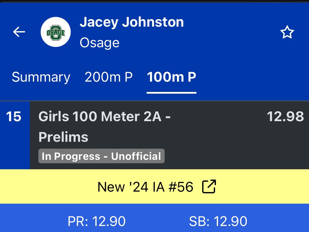 Jacey Johnston runs another great race in the 100 Meter Dash to finish 15th overall! Great race Jacey!

<a href="/MrsSchwamman/">Barb Schwamman</a> <a href="/OsageAthletics/">Osage Athletics</a>