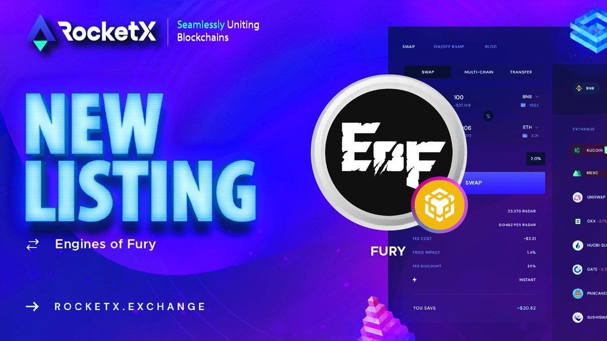 📢 NEW LISTING ALERT 🎉 🎉 RocketX is thrilled to announce that $FURY @EnginesOfFury is now listed on the @BNBCHAIN network! 📍app.rocketx.exchange 🔎 Engines of #Fury - 🎮 F2P top-down extraction shooter designed for web3 by AAA team & powered by $FURY & NFTs Come along as