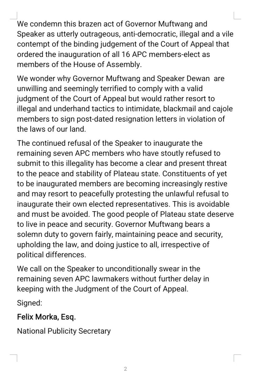 BRAZEN ILLEGALITY - PLATEAU STATE GOVERNOR AND SPEAKER COERCED APC LAWMAKERS TO SIGN POST-DATED RESIGNATION LETTERS AS A CONDITION FOR THEIR INAUGURATION