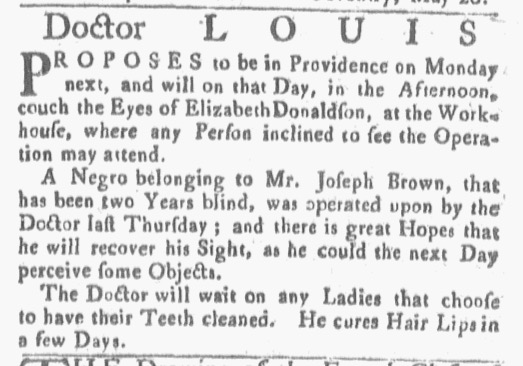 Newspapers published during the era of the American Revolution contributed to the perpetuation of slavery. Advertised 250 years ago today: “A Negro belonging to Mr. Joseph Brown ... was operated upon by the Doctor last Thursday.” (Providence Gazette 5/21/1774)