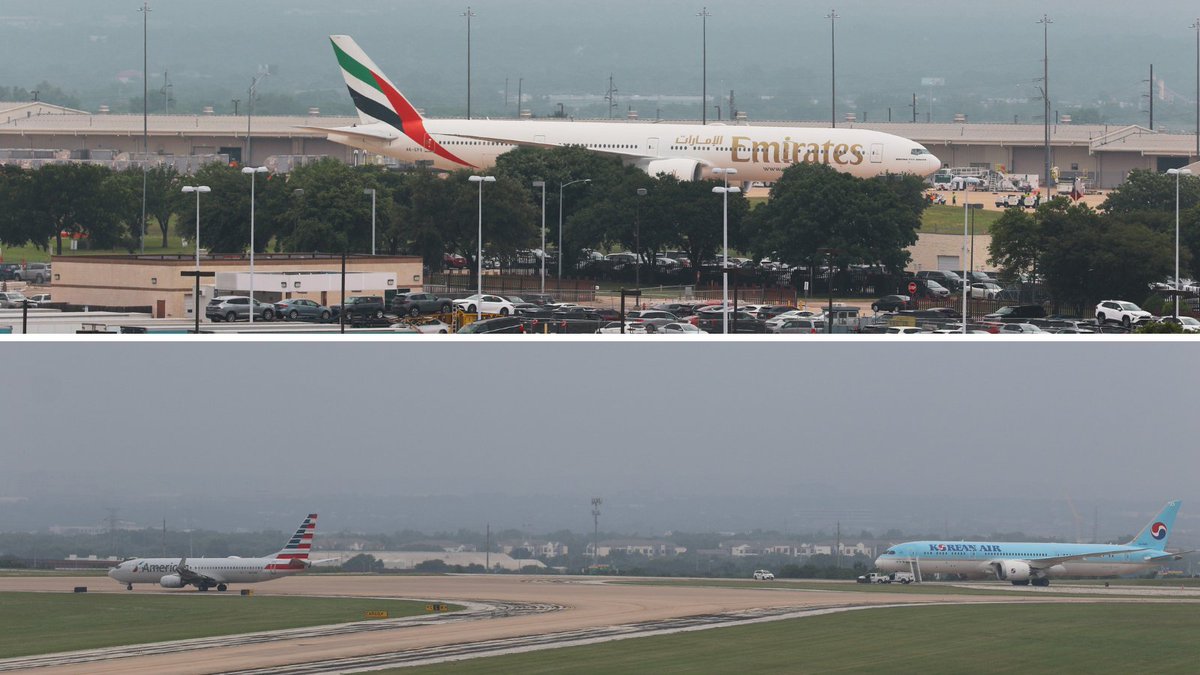 Bad weather in the DFW area has caused a couple of widebodies to divert to AUS. Korean Air's 787 and Emirates 777. We hope the passengers + crew will be on their way soon, but in the meantime, we'll be marveling at the Dreamliner & Triple 7.