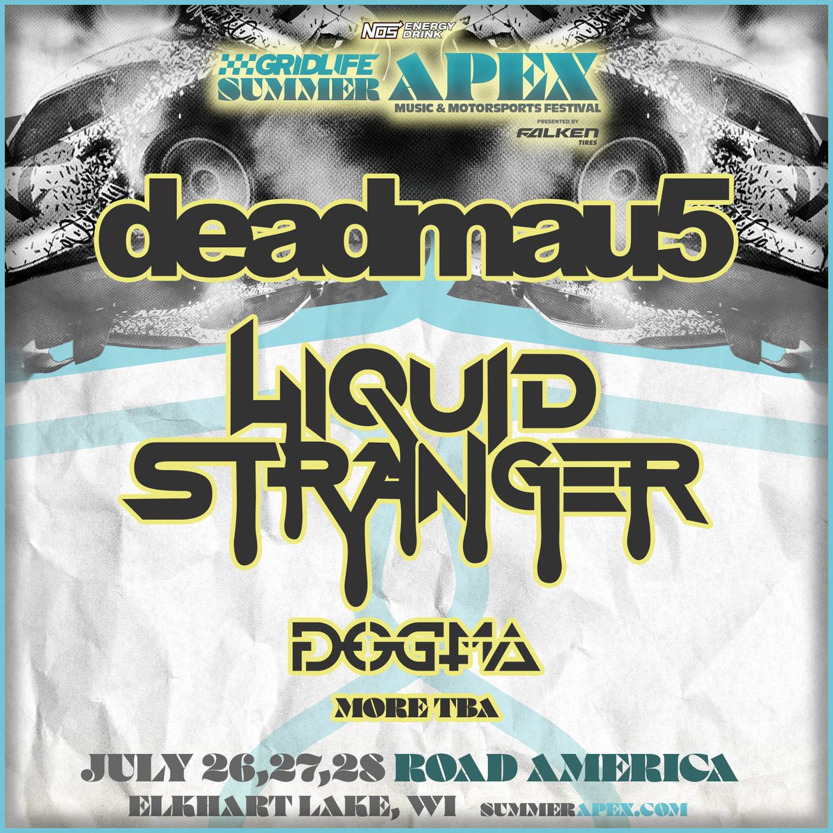 SUMMER APEX LINE UP IS HERE 🗣️ @deadmau5, @LiquidStranger, & @DOGMAmusique & more TBA take on @RoadAmerica on July 26th - July 28th 🔥 See you at the finish line 🐭💧🐕 More info → summerapex.com