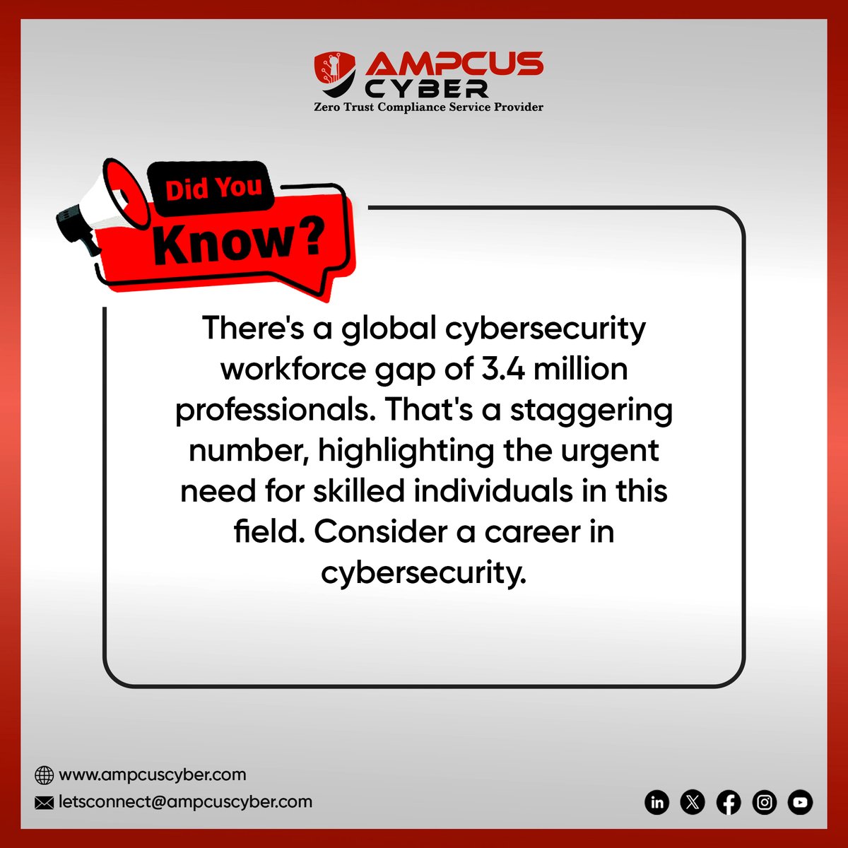 💡#Didyouknow that there's a global cybersecurity   workforce gap of 3.4 million professionals. That's a staggering number, highlighting the urgent need for skilled individuals in this field. Consider a career in cybersecurity. 
 
#ampcuscyber #didyouknowfacts #cybersecurity