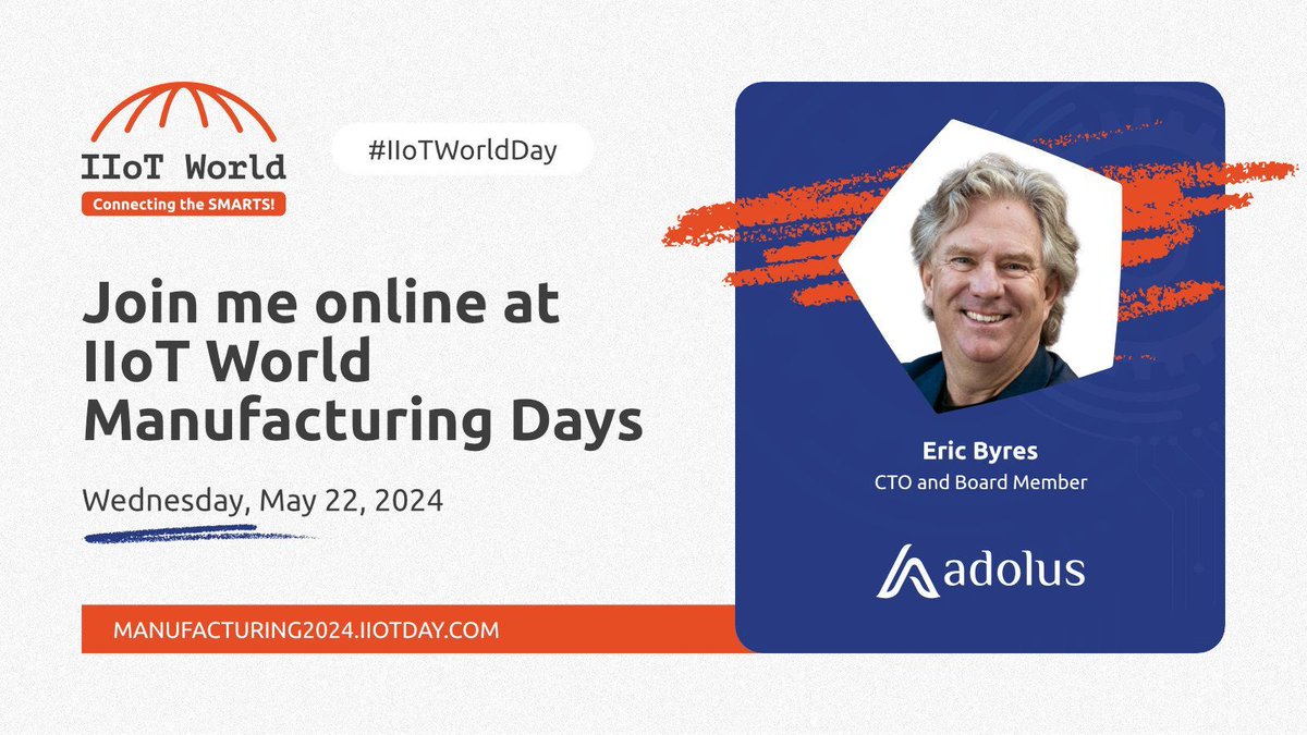 Don't miss Eric Byres, CTO @aDolus_Inc, SCADA security expert, and inventor of Tofino Security technology, at #IIoTWorldDay! His leadership in international standards ensures invaluable insights into industrial cybersecurity. Join us! buff.ly/49lF0dW sponsored #adolus_ics