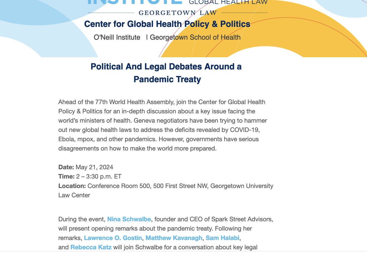 In DC Tuesday? Ahead of what promises to be a fraught World Health Assembly, join us for small (RSVP req) discussion on the politics & law of the #PandemicTreaty. Discussion with @nschwalbe @RebeccaKatz5 @LawrenceGostin Sam Halabi & maybe @DrGutoGalvao docs.google.com/forms/d/e/1FAI…