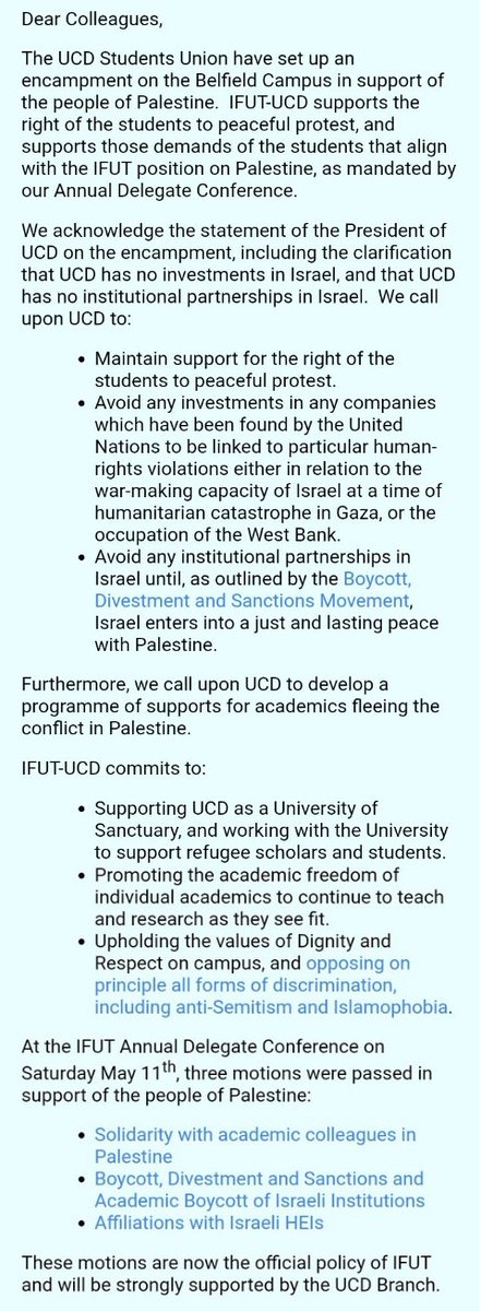 @ifut @unitetheunion have both released statements of support for the encampment over the last two days, joining @SIPTU earlier statement. All three major Unions' representing UCD employees have now expressed their unequivocal support for the solidarity camp 🇵🇸✊