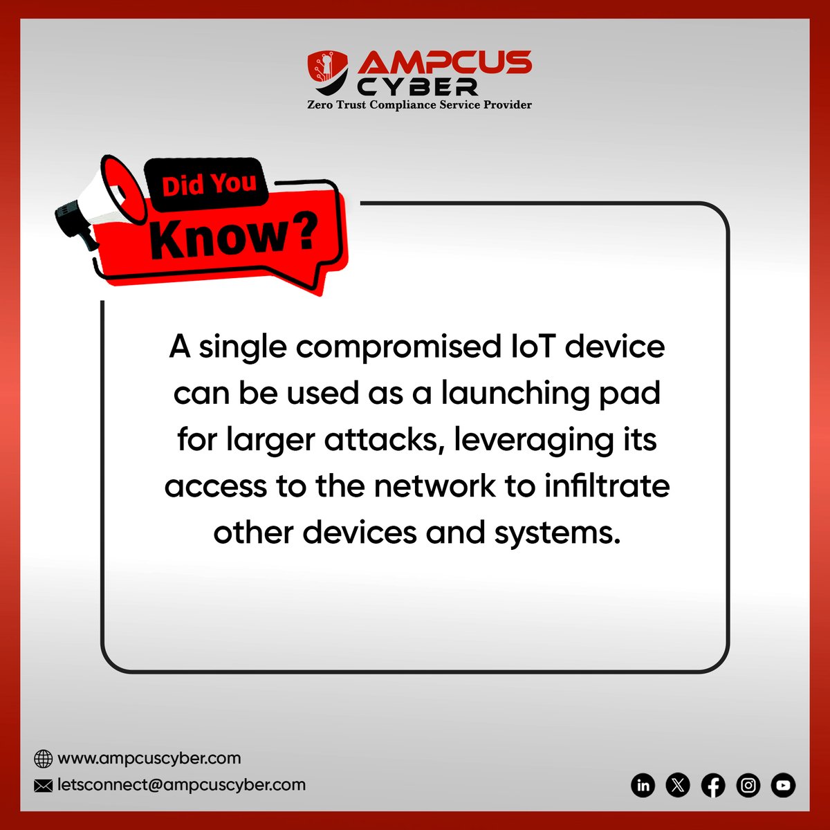 💡#Didyouknow that a single compromised IoT device can be used as a launching pad for larger attacks, leveraging its access to the network to infiltrate other devices and systems.
 
#ampcuscyber #didyouknowfacts #cybersecuritytraining #securitytraining   #phishingattacks