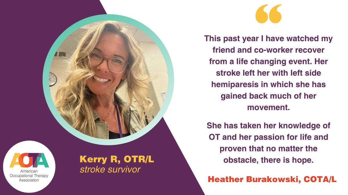 Thanks to Heather Burakowski, COTA/L, for sharing this inspirational story about her friend and colleague, Kerry, OTR/L, who survived #stroke with strength, smiles, and #OT triumphs! Read Kerry’s story: bit.ly/4bldRt4 

#StrokeAwarenessMonth #OccupationalTherapy