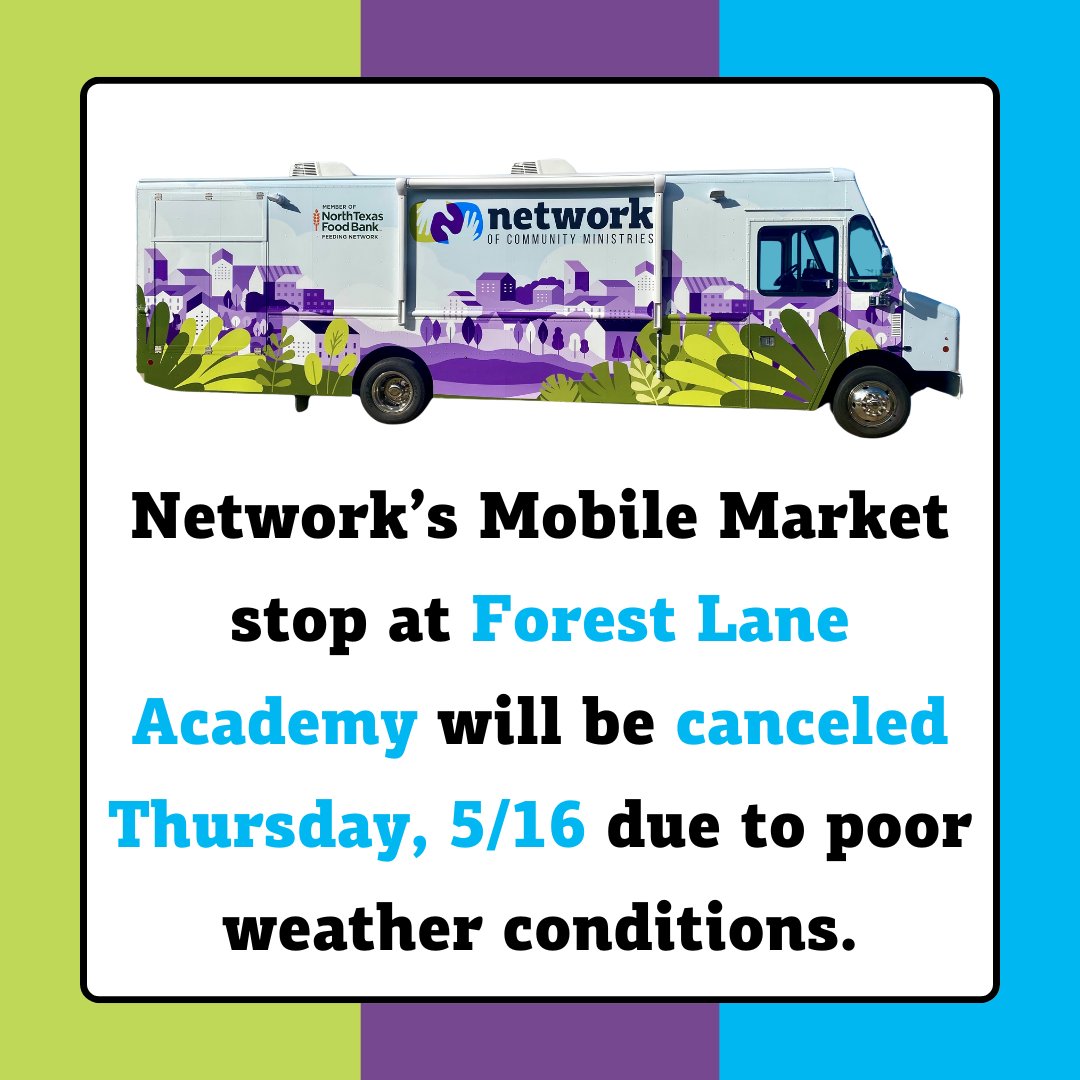 Heads Up: In order to promote the safety of our neighbors, volunteers, and staff, Network's Mobile Market stop at Forest Lane Academy will be canceled today due to poor weather conditions. We apologize for any inconvenience.