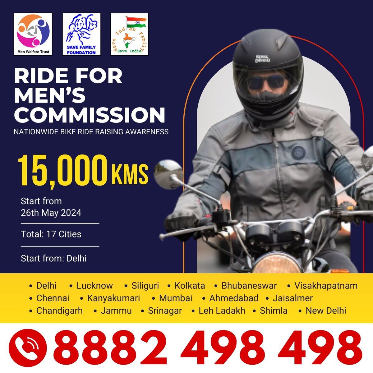 First time ever in History Ride for Men's commission is going to happen , which covers nearly 17 cities and over 15000 km To Raise voice against Gender Based Laws Increasing Men's Suicides And Most important demand of Men's commission I request everyone to join