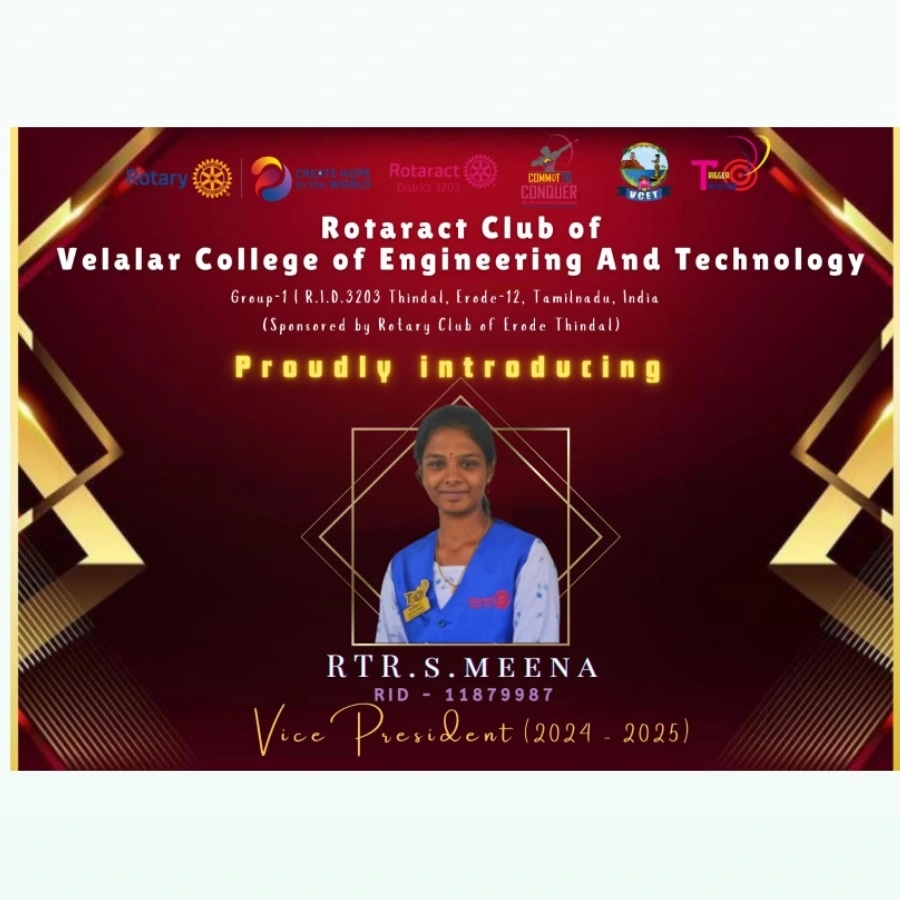 RCVCET_3203's tweet image. *_💫Rotaract Club of Velalar College of Engineering and Technology💫

    *_✨Rtr. Meena✨_*
          as the
*_💫Vice President Elect💫_*

#RID_3203
#C2C
#rcvcet
#vicepresidentelect