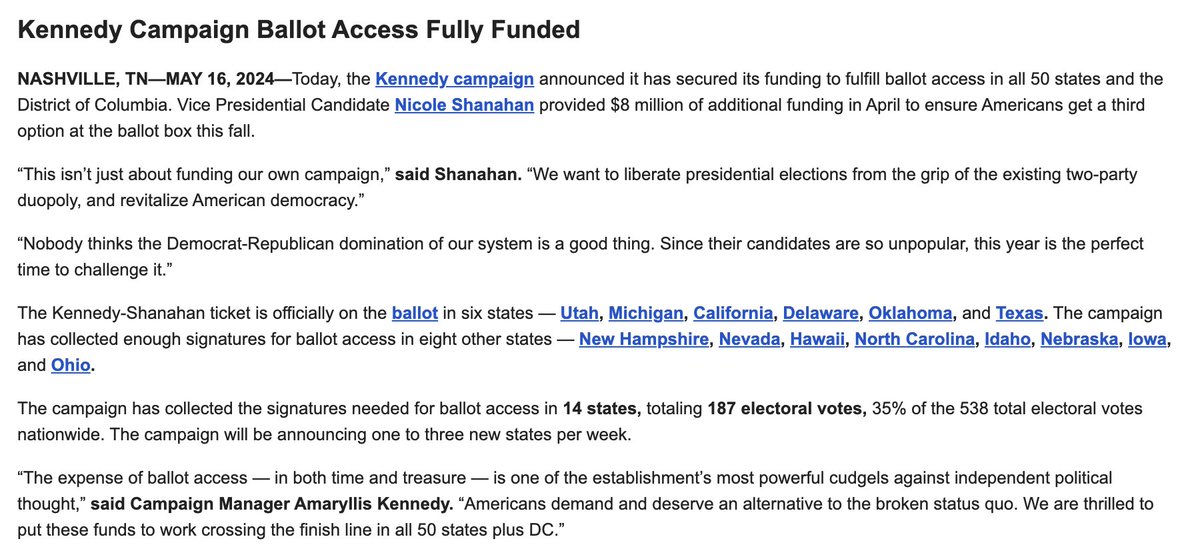 Nicole Shanahan's $10 million donation to the RFK campaign probably is gonna go down as having pretty good ROI as far as mega-donors go.