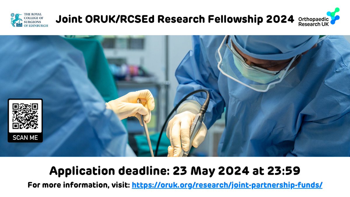 1 week is left to apply for the Joint ORUK/@RCSEd Research Fellowship in Orthopaedics.      

Up to £60,000 funding per annum is available. 

The deadline is 23 May at 23:59.

Find out more at: bit.ly/orukjpf #MSKMatters 
#InvestingInOurFutureMovement