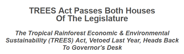 The TREES Act (renamed this year from from the much wordier Tropical Deforestation-Free Procurement Act) has passed both chambers again after Hochul vetoed it last year. It contained some tweaks to address some of her concerns listed in the veto