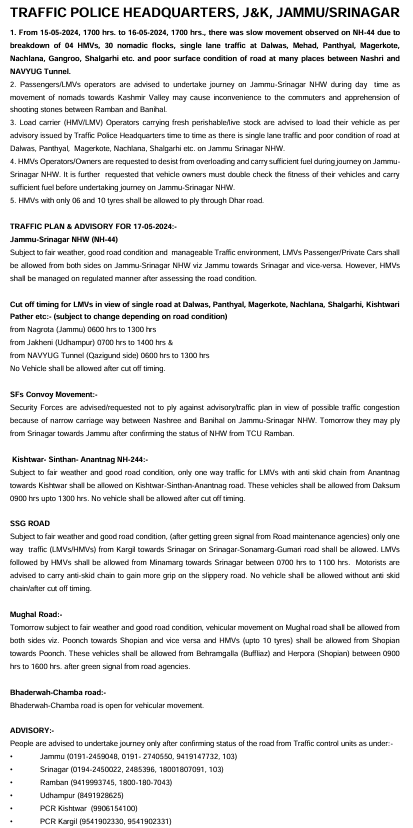 Traffic Plan/Advisory for 17-05-2024 @Traffic_hqrs