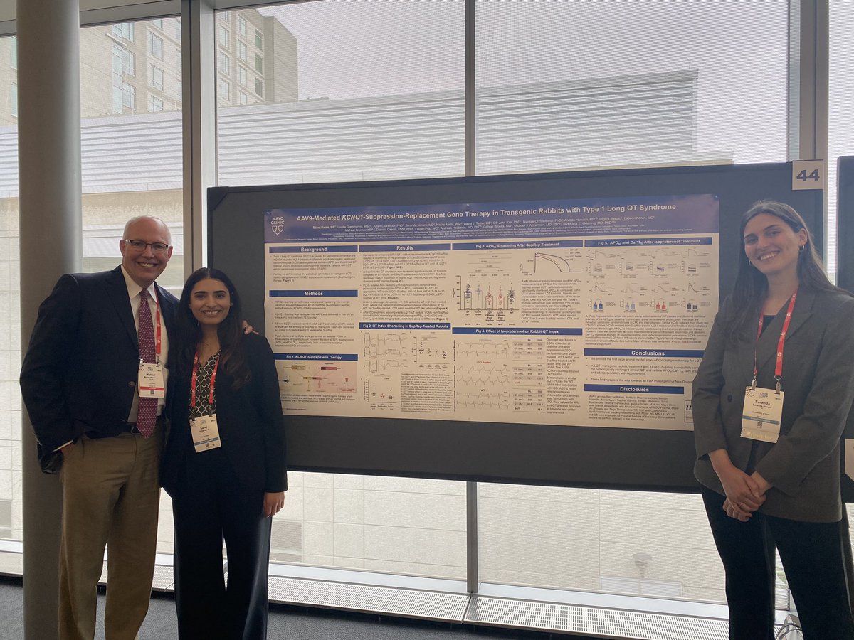 With @sahejbains at the #HRS2024 @CardiacEPS as she presents our first @MayoClinic @MayoClinicCV poster this year. This work is the result of a beautiful collaboration w/ @OdeningLab & shows the first #gene #therapy efficacy trial in rabbits w/ #LQTS. It’s working 🤗.