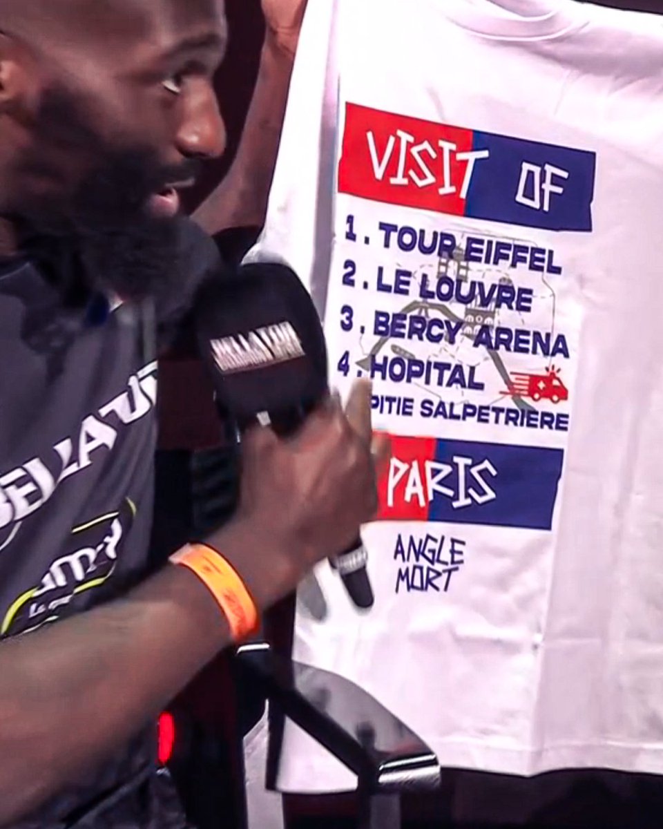 LE CADEAU DE CÉDRIC DOUMBÉ À JALEEL WILLIS 🎁💀

Le t-shirt avec une liste de lieux à visiter à Paris et l’hôpital en dernière destination 😭😭

#BellatorParis 🇫🇷