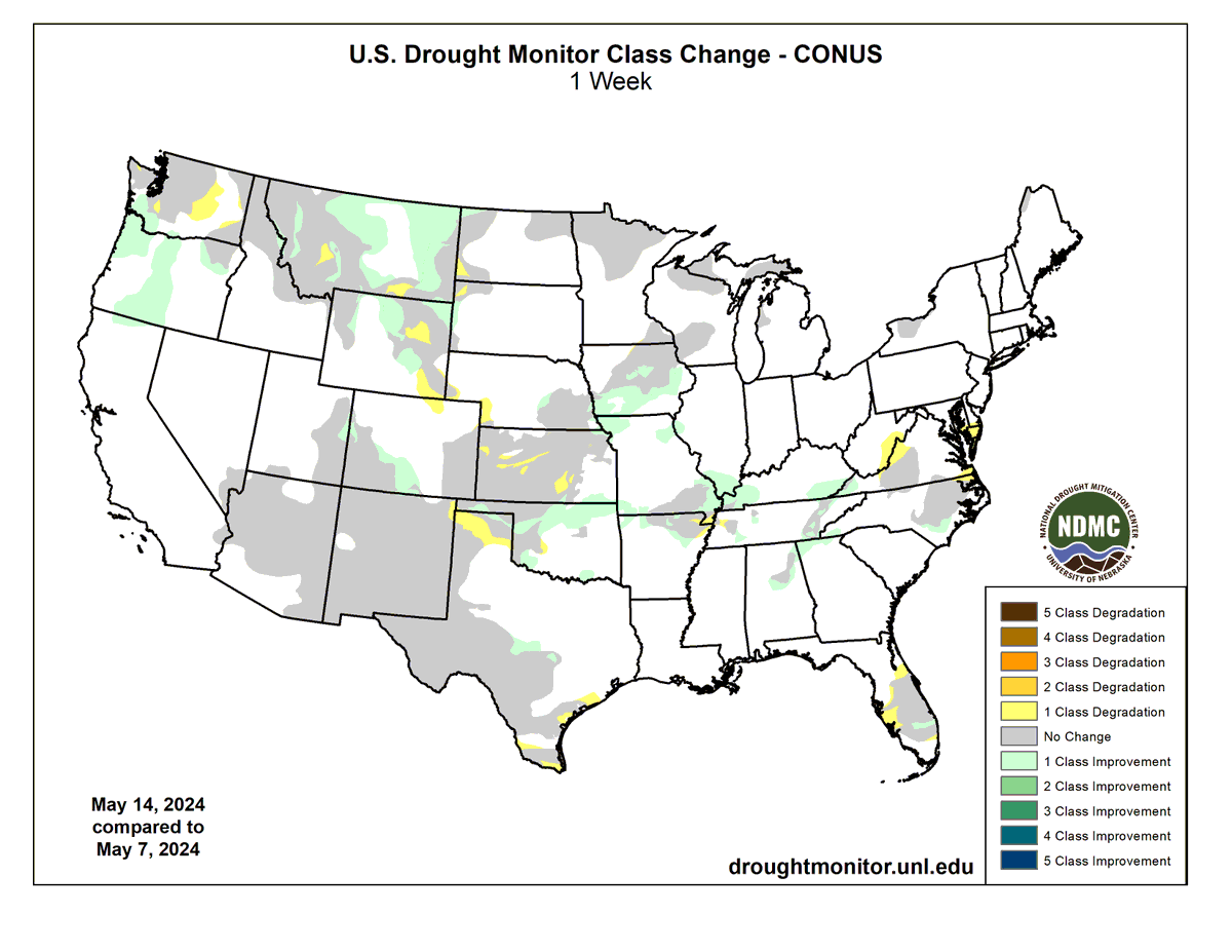 U.S. drought: Improving or not so much? 👀 The yellow areas 🟨 mean a worsening of drought in Washington, Texas, and Florida. The green areas 🟩 mean an improvement in drought in Oregon, Montana, and the Midwest. drought.gov
