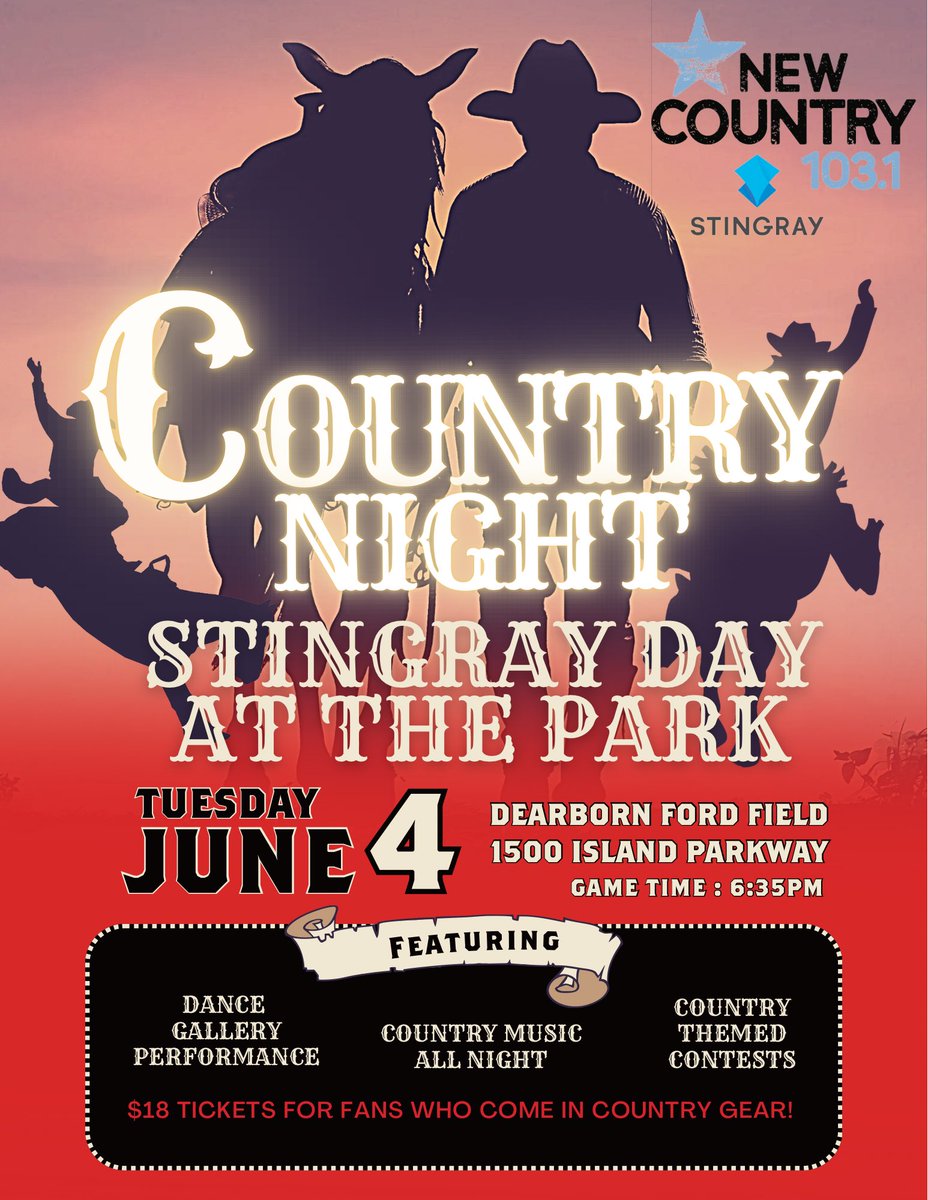 Saddle up for STINGRAY DAY AT THE PARK with @newcountry1031 Country103.1 on June 4th! Sponsored by Stingray, it's a country extravaganza you won't want to miss. Enjoy a special appearance by the Stingray Street Team, Dance Gallery & Country music ALL NITE!!