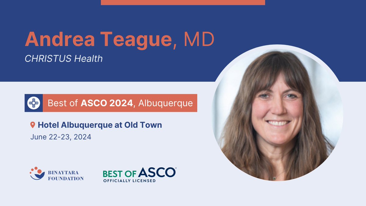 Join moderator Dr. Andrea Teague (@CHRISTUSHealth) for a GI Cancer session at our #BestofASCO24 review in Albuquerque! 🗓️ June 22-23, 2024 📍 Hotel Albuquerque at Old Town ➡️ education.binayfoundation.org/content/best-a… #CME #ASCO #oncology #cancer #cancercare #GIcancer #hematology