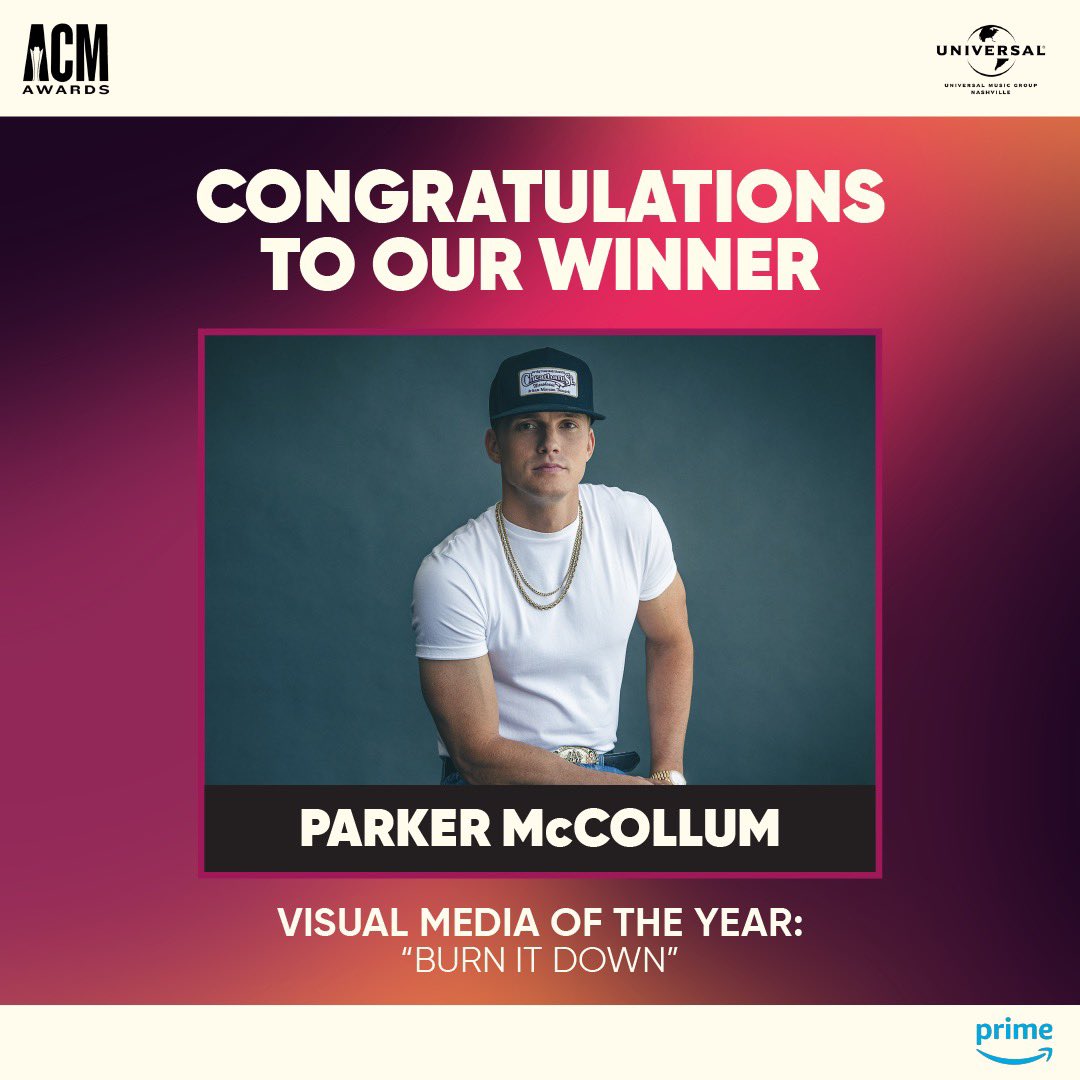 Congrats to our first two winners at the @ACMawards! 🎉 @ChrisStapleton for 𝓐𝓻𝓽𝓲𝓼𝓽-𝓢𝓸𝓷𝓰𝔀𝓻𝓲𝓽𝓮𝓻 𝓸𝓯 𝓽𝓱𝓮 𝓨𝓮𝓪𝓻 and @ParkerMcCollum for 𝓥𝓲𝓼𝓾𝓪𝓵 𝓜𝓮𝓭𝓲𝓪 𝓸𝓯 𝓽𝓱𝓮 𝓨𝓮𝓪𝓻 for #BurnItDown. Tune in to the show tonight on @PrimeVideo! #ACMawards