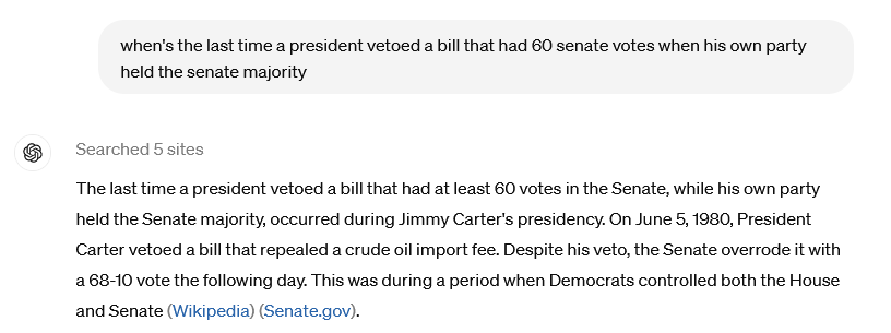 The crypto bill that Biden has vowed to veto just passed 60-38 in the senate. Per ChatGPT, it's been 44 years since a president vetoed a bill that passed the senate with 60+ votes when his own party controlled the senate. That veto was overturned the following day by the senate.