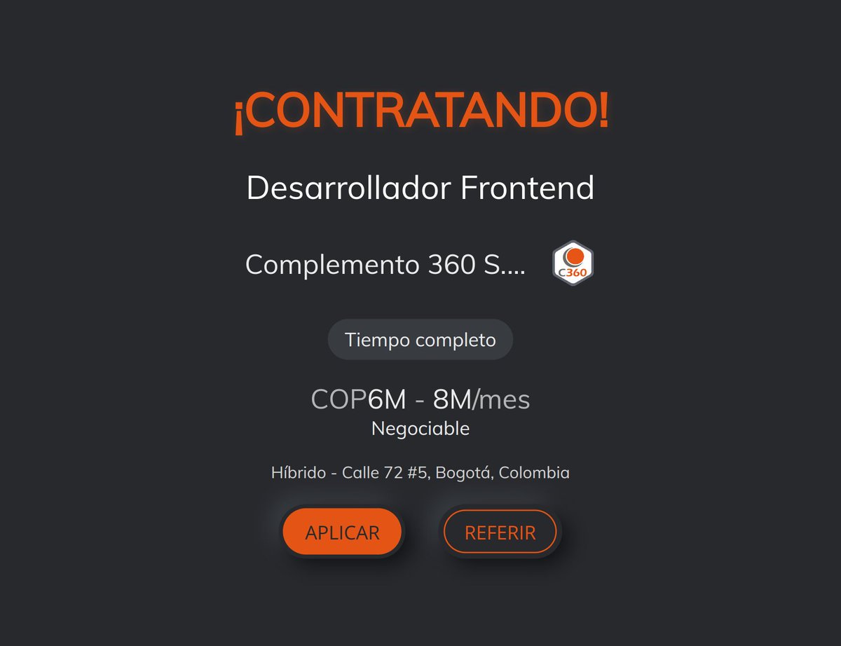 complemento360's tweet image. Complemento 360 S.A.S está contratando: Desarrollador  Frontend. Más detalles en  torre.ai/s/1s6HRVhrh0