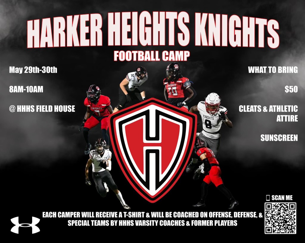 🚨Hear ye ALL incoming 1st-8th Graders🚨 Come join & be a part of Knights Football! Build your skills being coached by HS coaches on offense, defense & special teams. @KilleenISD_ May 29-30 8 AM-10 AM HHHS Field House Scan code to register! #RepTheShield 🛡️ #HonorHeights ⚔️