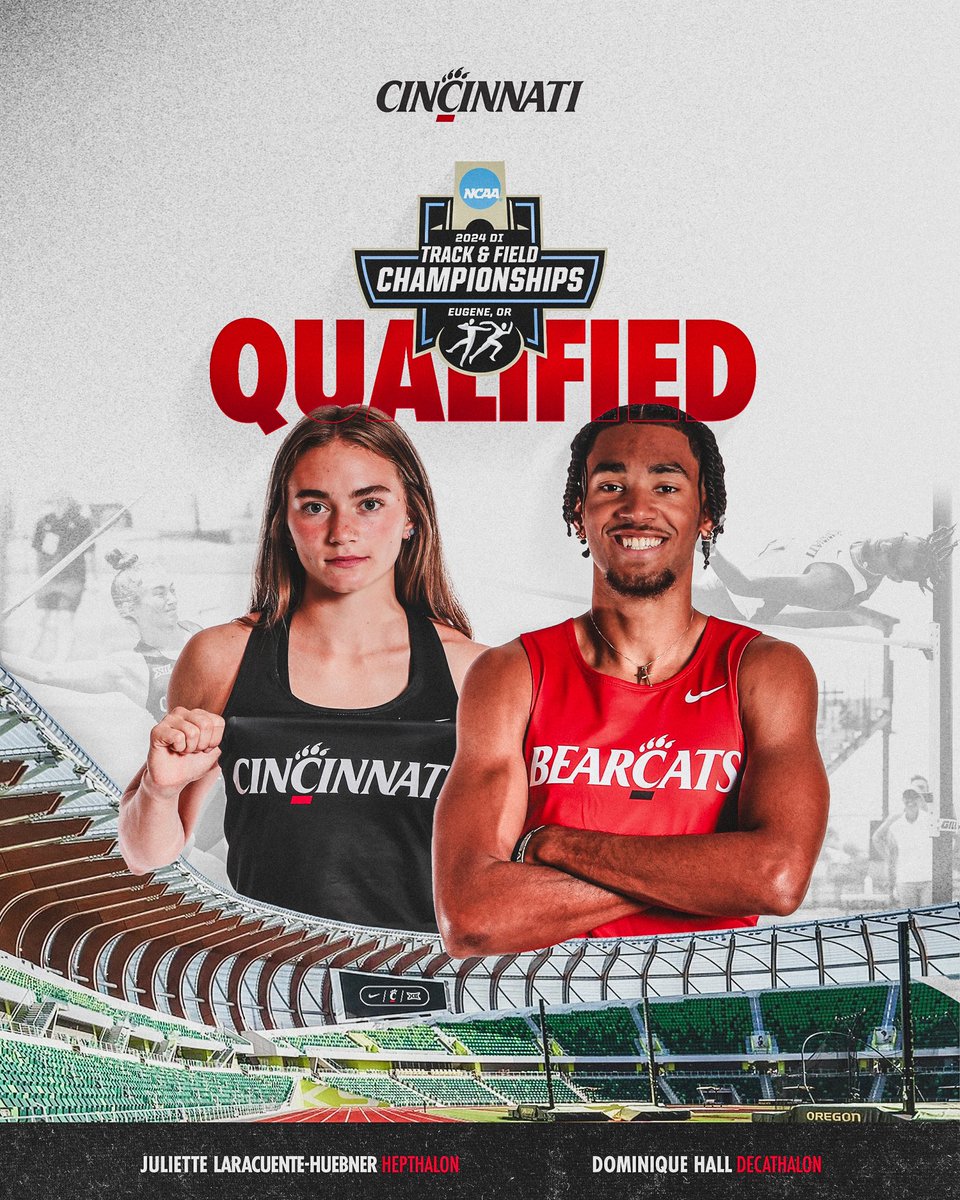 QUALIFIED 🎟️ Juliette Laracuente-Huebner (heptathlon) and Dominique Hall (decathlon) are headed to Oregon for the NCAA Outdoor Track and Field Championships!! #Bearcats