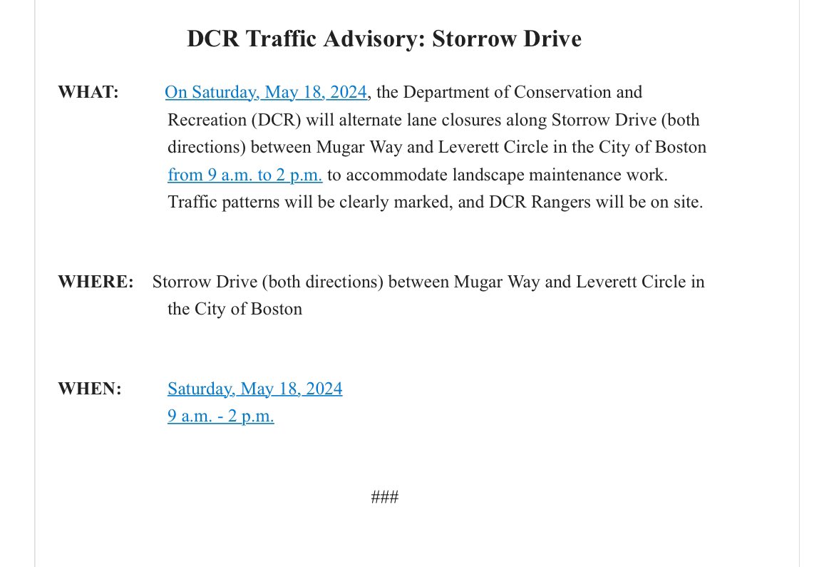 We have issued the following advisory for possible delays along Storrow Dr to accommodate landscaping work: