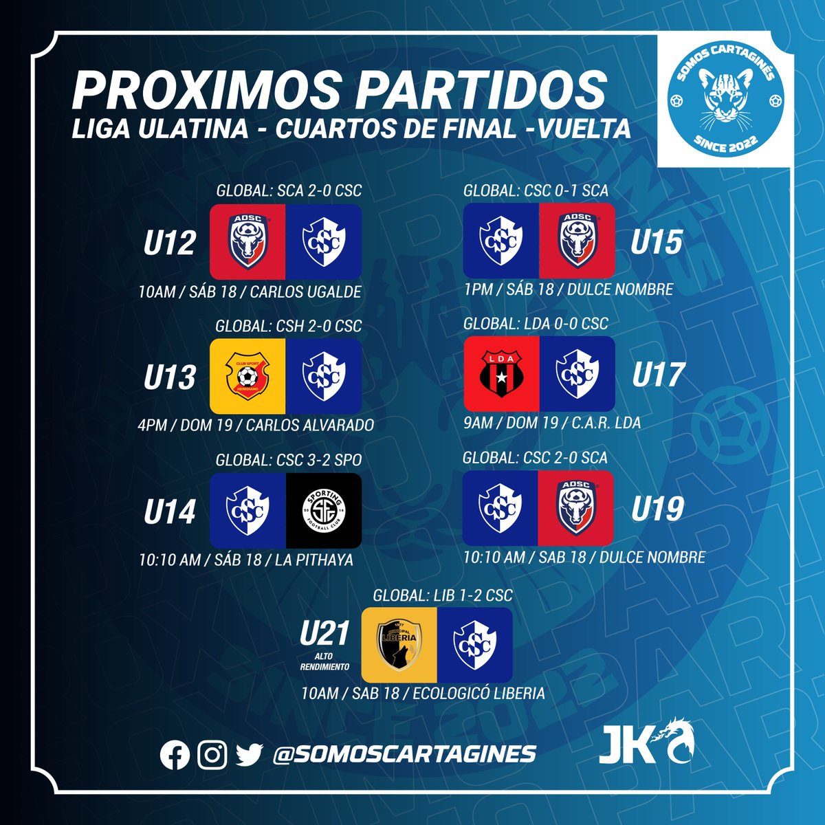 #ProximosPartidos
Estos son los próximos partidos de este fin de semana de la Liga Ulatina en la vuelta de los Cuartos de Final. ¡VAMOS MUCHACHOS! 
#1CSC #VamosCartagines