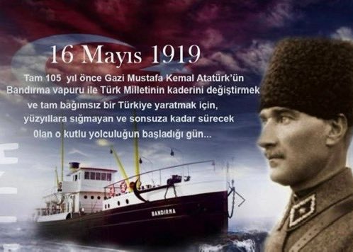 19 Mayısta güneş ufukta, Hürriyet şarkısı okuyan kuşlar Bir bayram havası anadoluda Önderler önderi #Atam geliyor. Bir hurda gemiyle uçarcasına Ay yıldızlı bayrak kanatlarında Esir olmak varmı türkün şanında Önderler önderi #Atam geliyor. Yazan:Şükrü Filizay Babam ruhu şad olsun