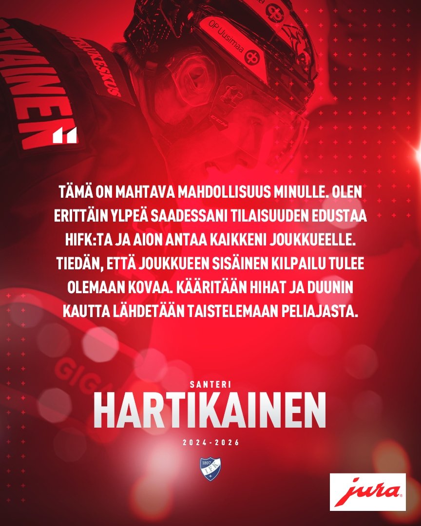 Hyökkääjä Santeri Hartikaisen ja HIFK:n yhteinen matka jatkuu! Sopimus kattaa kaudet 2024-2026. 

”Santeri on HIFK:n juniorikoulun kasvatti, joka löi yliopistovuosien jälkeen itsensä läpi Mestis-tasolla. Raamikas, hyvän laukauksen omaava hyökkääjä pelaa niin laita- kuin