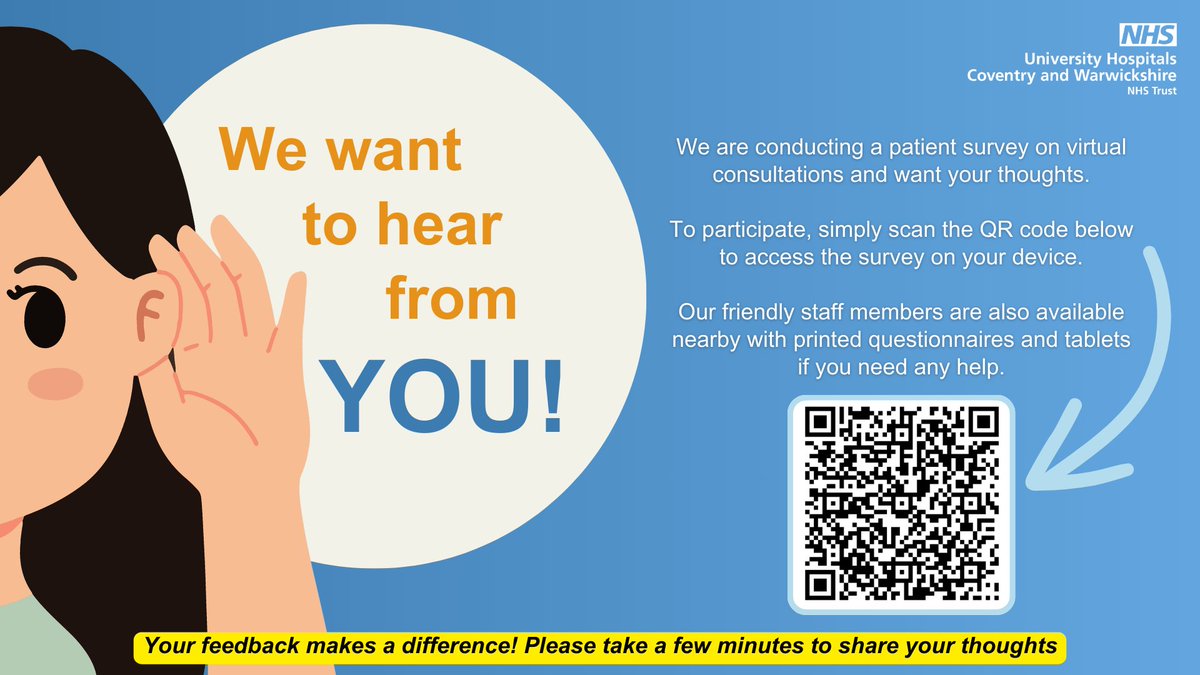 We're conducting a patient survey on remote consultations at University Hospital from 20th May. Please share your opinions and help us understand how we can improve our services. Can't make it to the site? No worries, you can still participate here ⬇️ forms.office.com/e/eWsd0DiKpi