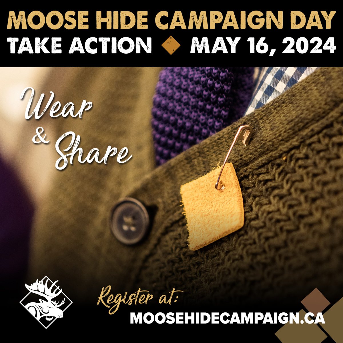 Join us on May 16 to participate in the Moose Hide Campaign. Today we wear a square moose hide pin to honour our commitment to #endviolence and address the root causes of trauma. See Public Health Motion #07-24 for local efforts. #MooseHideCampaign #MooseHideCampaignDay
