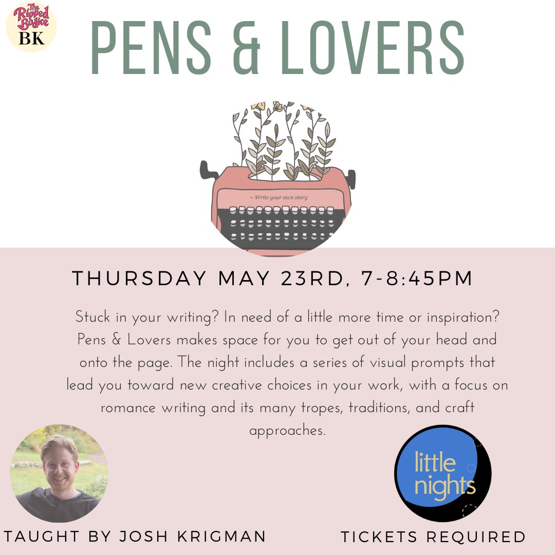 This month’s Pens & Lovers community writing event is on Thursday, May 23rd at 7pm at our Brooklyn store. ❤️ Writing instructor Josh Krigman will give visual prompts on romance writing, tropes, & craft. All genres welcome. 🖋️ Tickets: therippedbodicela.com/brooklyn-events #TheRippedBodiceBK