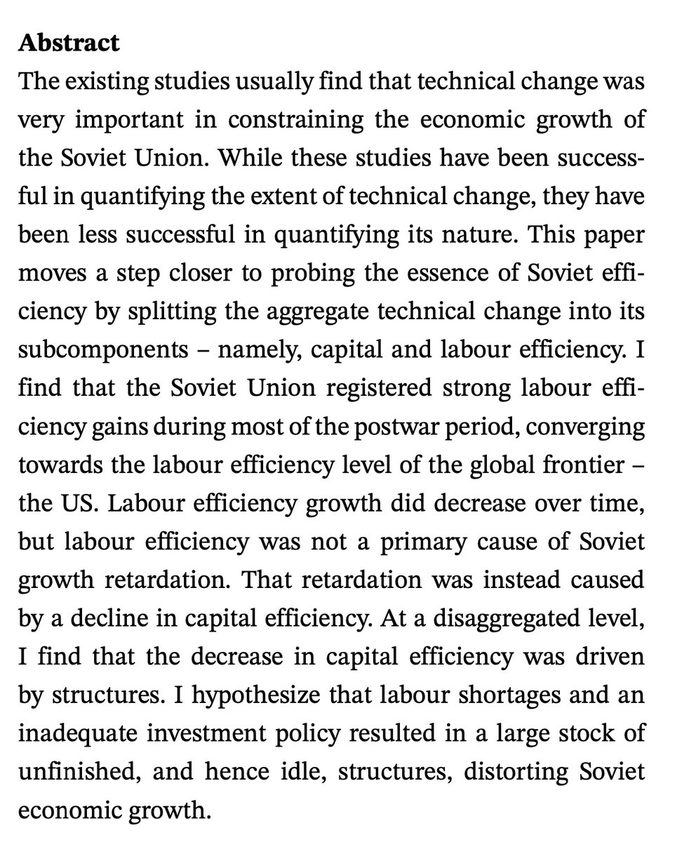 1/ Soviet economic stagnation 1960s-80s is not new, but the reasons given here are. In theory, the biggest weakness of planning is poor adaptive response to demand, either at the R&D or entrepreneurial level. But here the author fingers capacity utilization, investment.